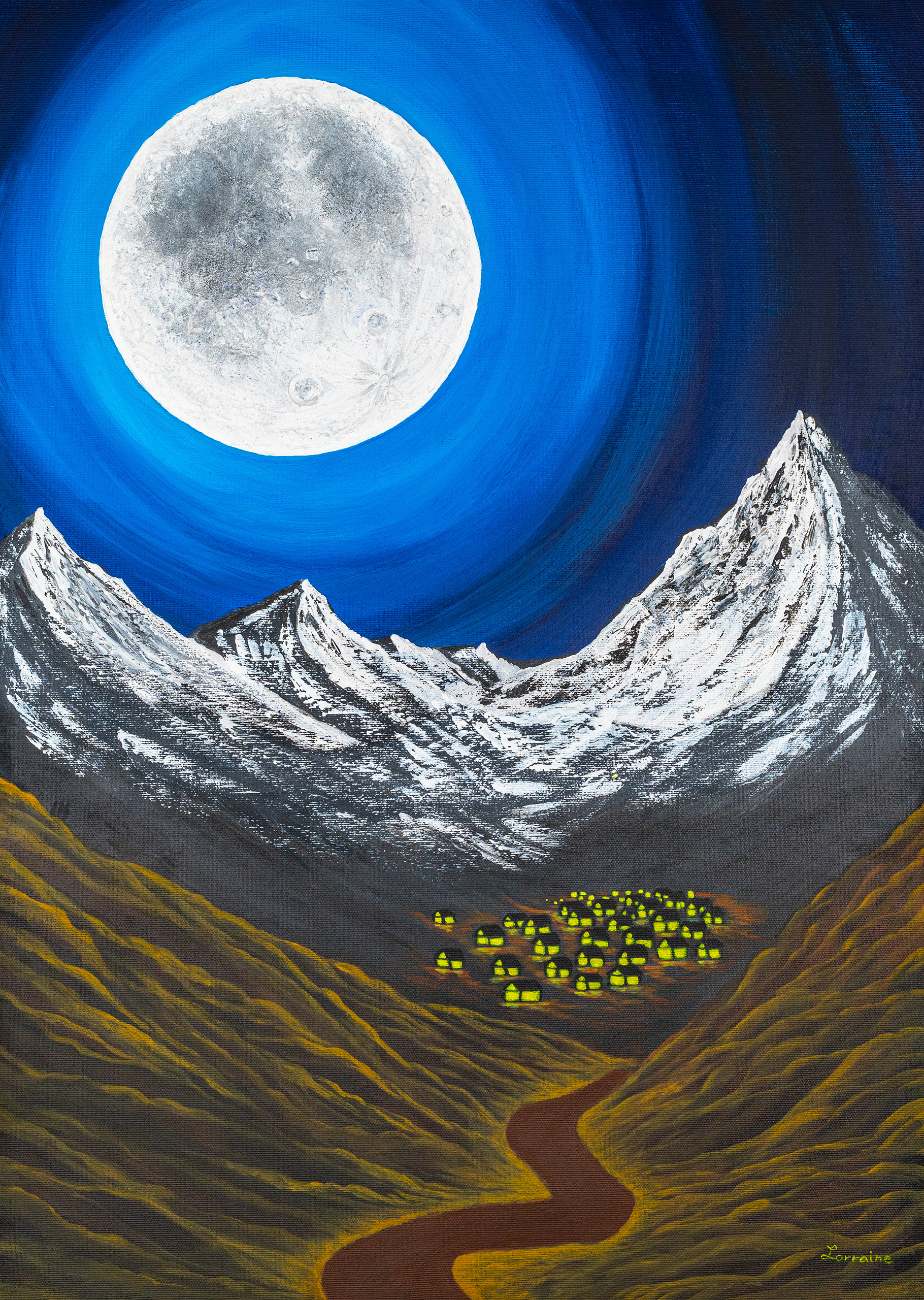 Original acrylic painting of a glowing full moon above snow capped mountains and a small illuminated village at night
