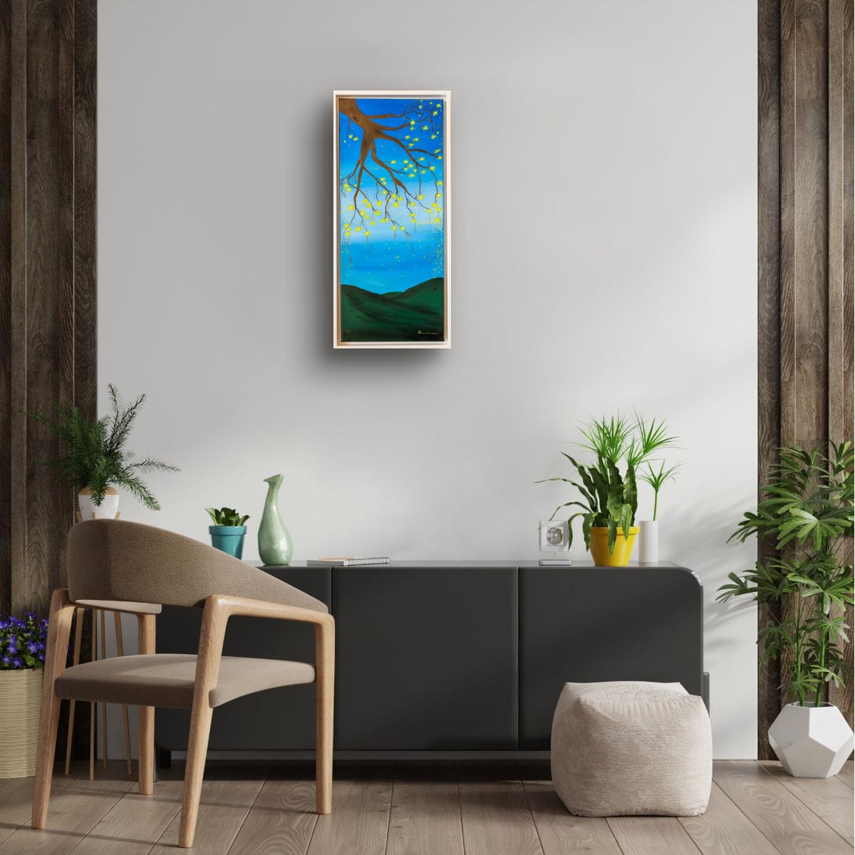 Fireflies Tree in a Modern Rustic Interior Fireflies Tree original acrylic painting by Lorraine Artsy displayed in a modern rustic interior with wooden wall panels, minimalist furniture and indoor plants