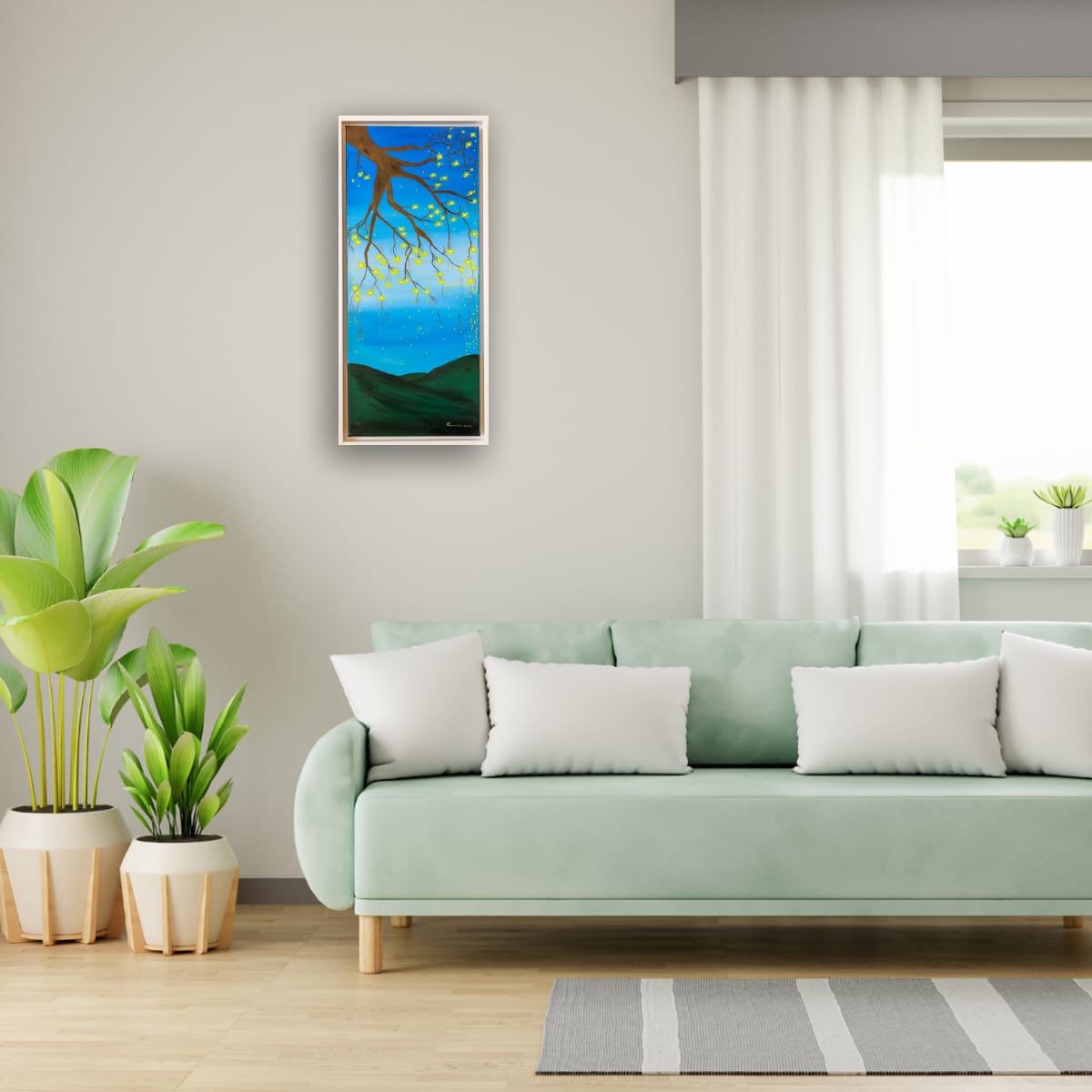 Fireflies Tree in a Soft Contemporary Living Room Fireflies Tree original acrylic painting by Lorraine Artsy displayed in a soft contemporary living room with mint green sofa, indoor plants and natural light
