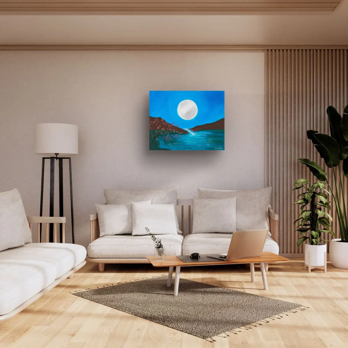 Mega Moon in a Japanese Minimalist Living Room Mega Moon original acrylic painting by Lorraine Artsy displayed in a Japanese style minimalist living room with low sofa, natural wood and soft lighting