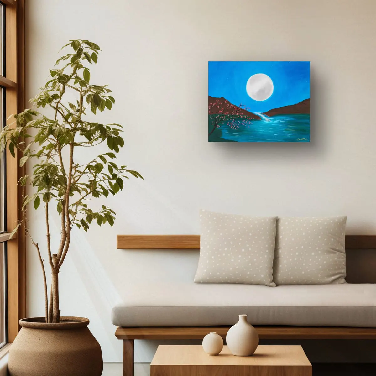 Mega Moon in a Zen Sitting Area Mega Moon original acrylic painting by Lorraine Artsy displayed in a calm sitting area with indoor tree, soft cushions and natural daylight