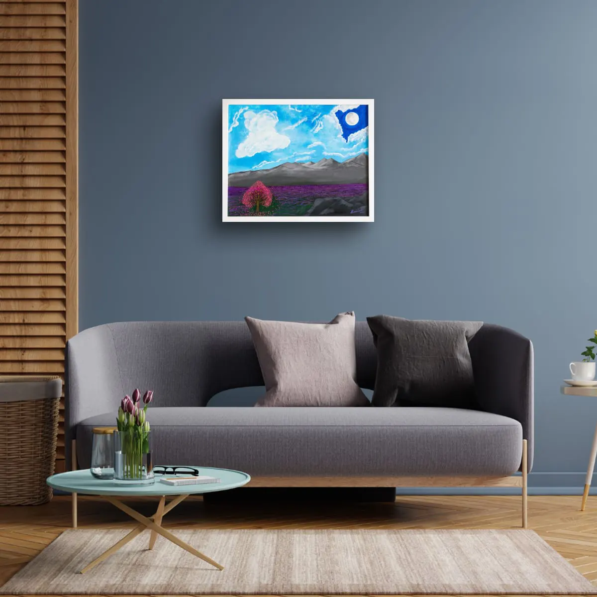 Moon Over Purple Fields original acrylic painting by Lorraine Artsy displayed in a modern blue grey living room with minimalist sofa and clean lines
