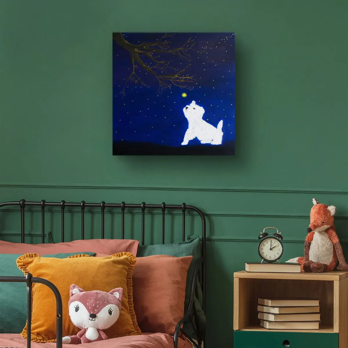 Rocky and the Firefly in a Childrens Bedroom Rocky and the Firefly original acrylic painting by Lorraine Artsy displayed in a children’s bedroom with a green wall, soft cushions, and plush toys