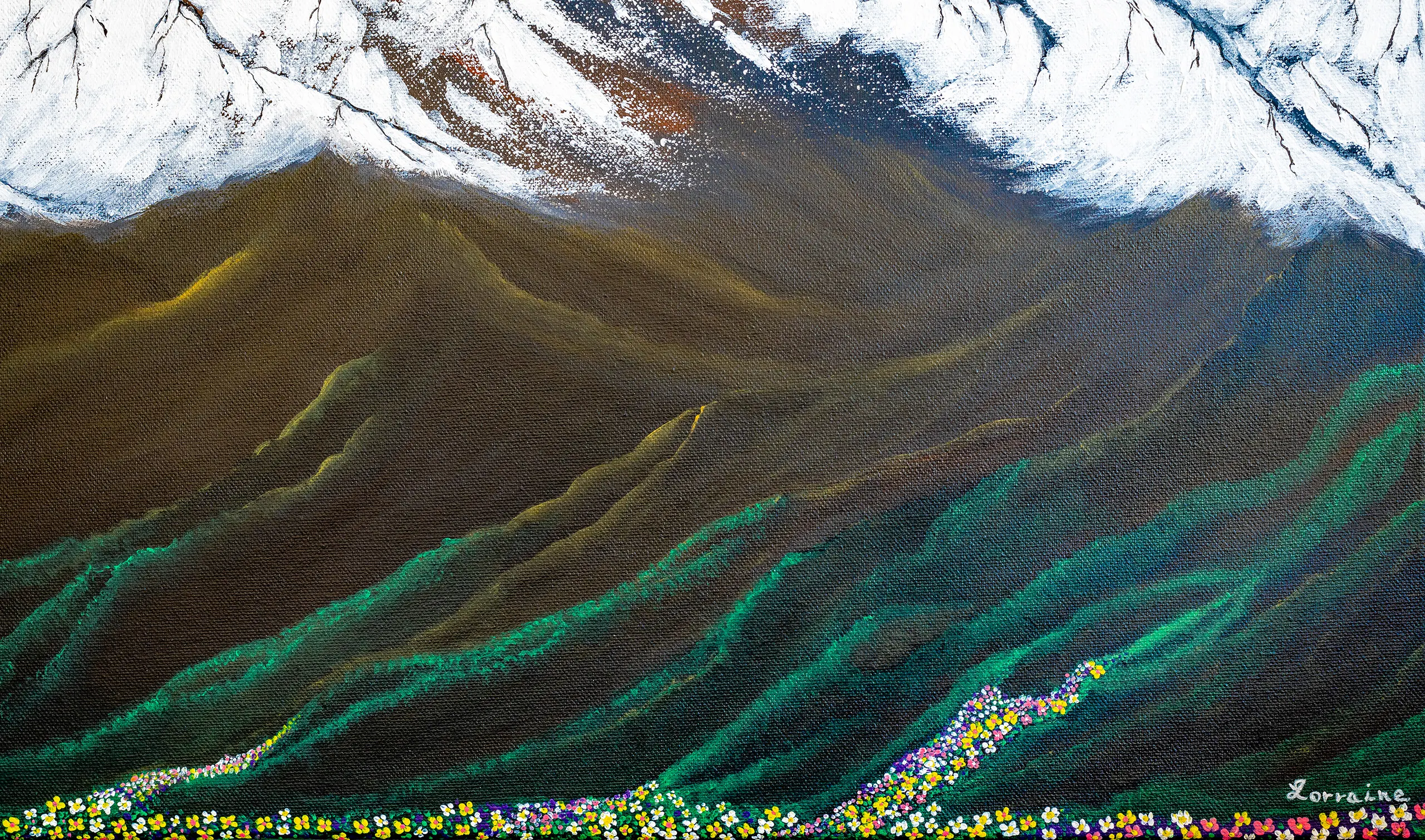 Awakenings by Lorraine Artsy A close up detail revealing textured acrylic brushwork across layered green mountain ridges, with flowing lines of light and a vibrant trail of wildflowers emerging through the valley, set beneath soft snow capped peaks.