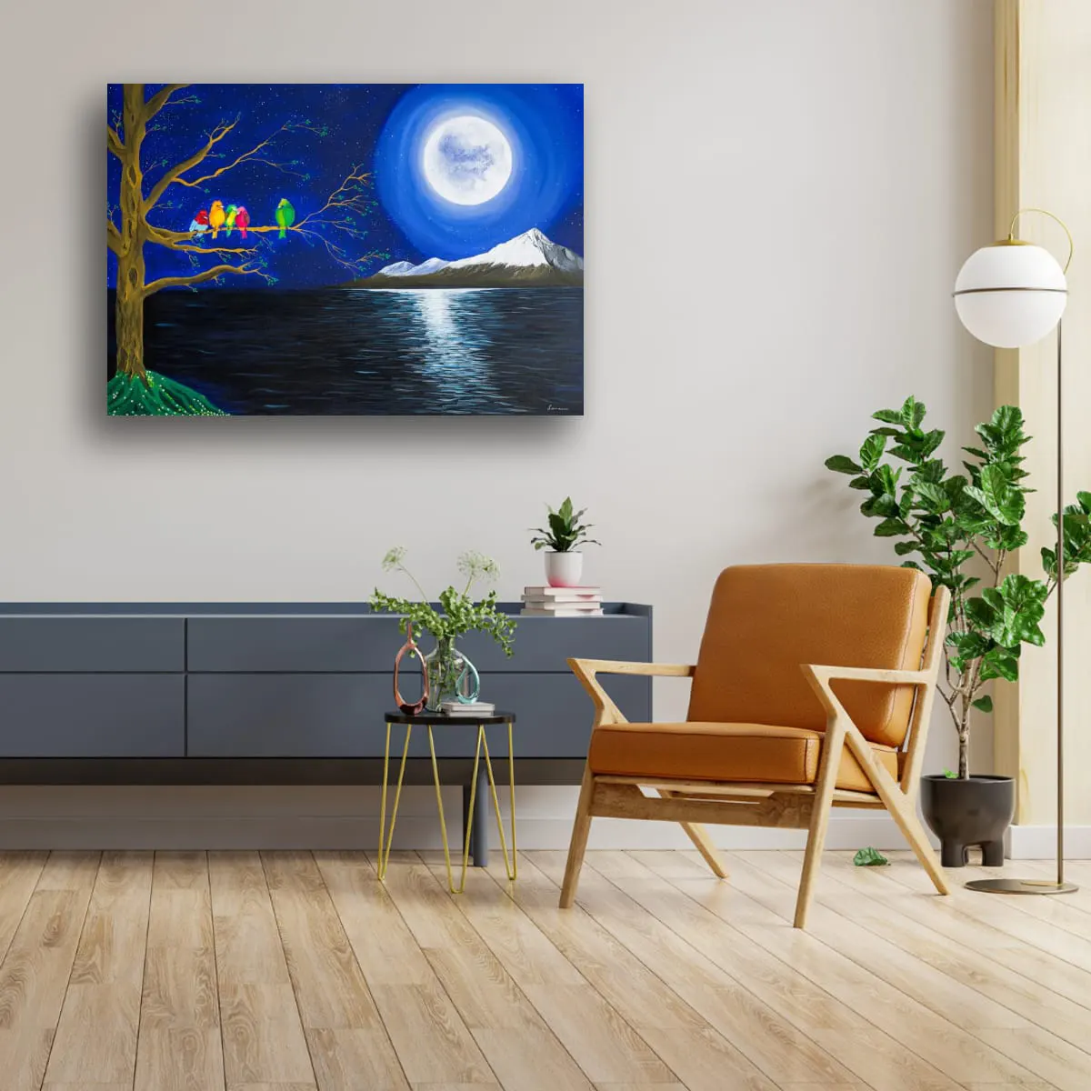 Under The Same Moon in a Contemporary Lounge Under The Same Moon original acrylic painting by Lorraine Artsy displayed in a contemporary lounge with an armchair, indoor plants, and soft neutral tones