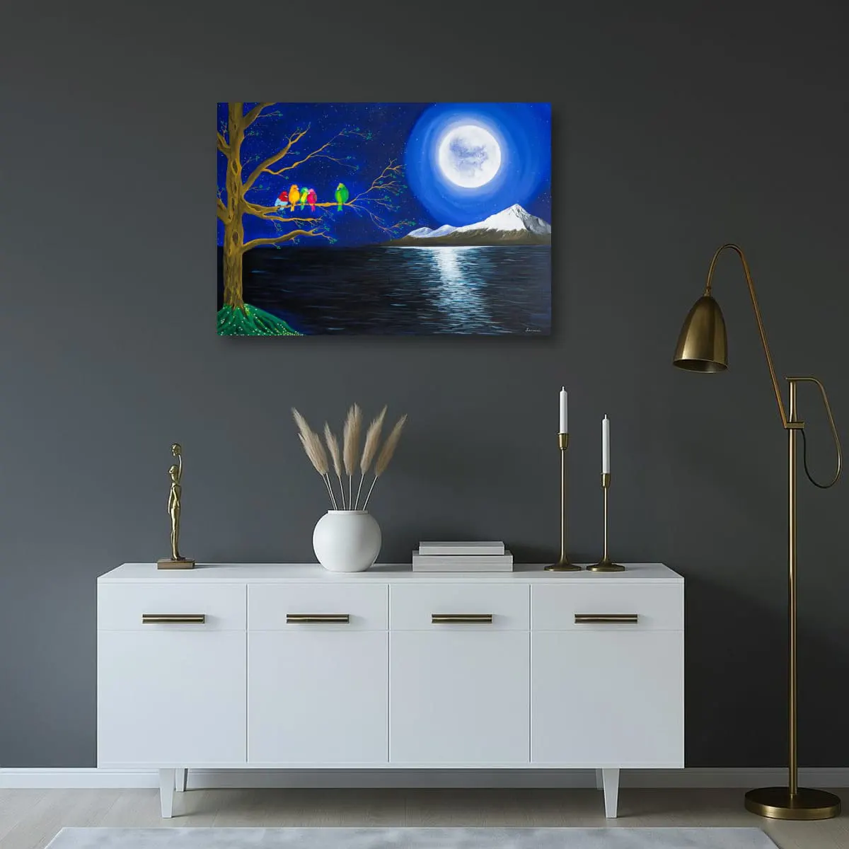 Under The Same Moon in an Elegant Dark Interior Under The Same Moon original acrylic painting by Lorraine Artsy displayed in an elegant dark interior with a white sideboard, brass accents, and modern lighting