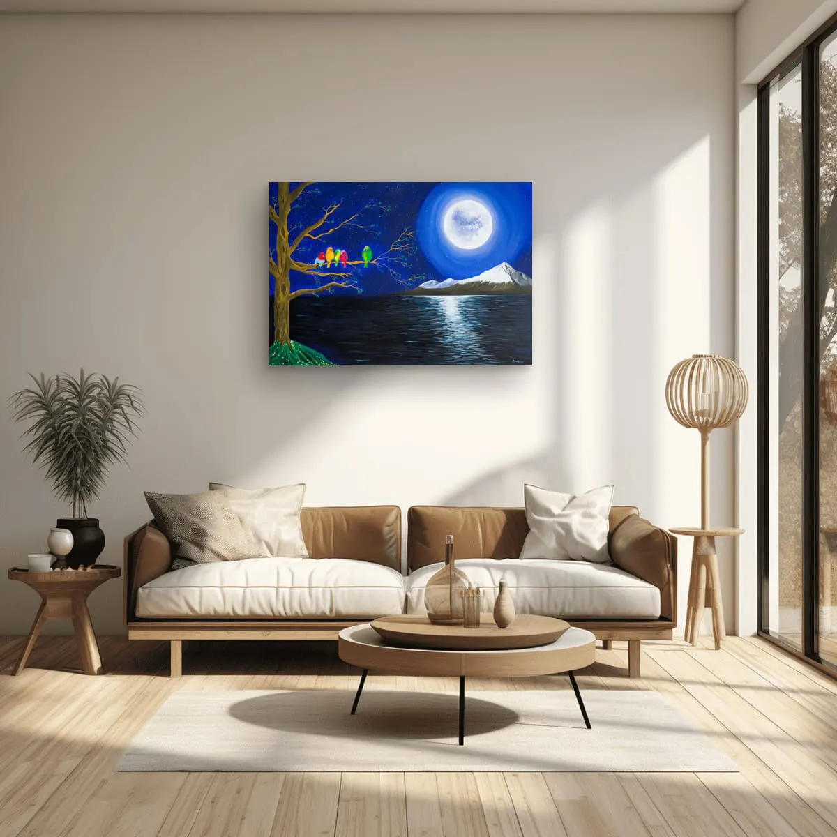 LorraineArtsy_Under_The_Same_Moon_Modern_Living_Room Under The Same Moon original acrylic painting by Lorraine Artsy displayed in a modern living room with a beige sofa, natural light, and contemporary decor