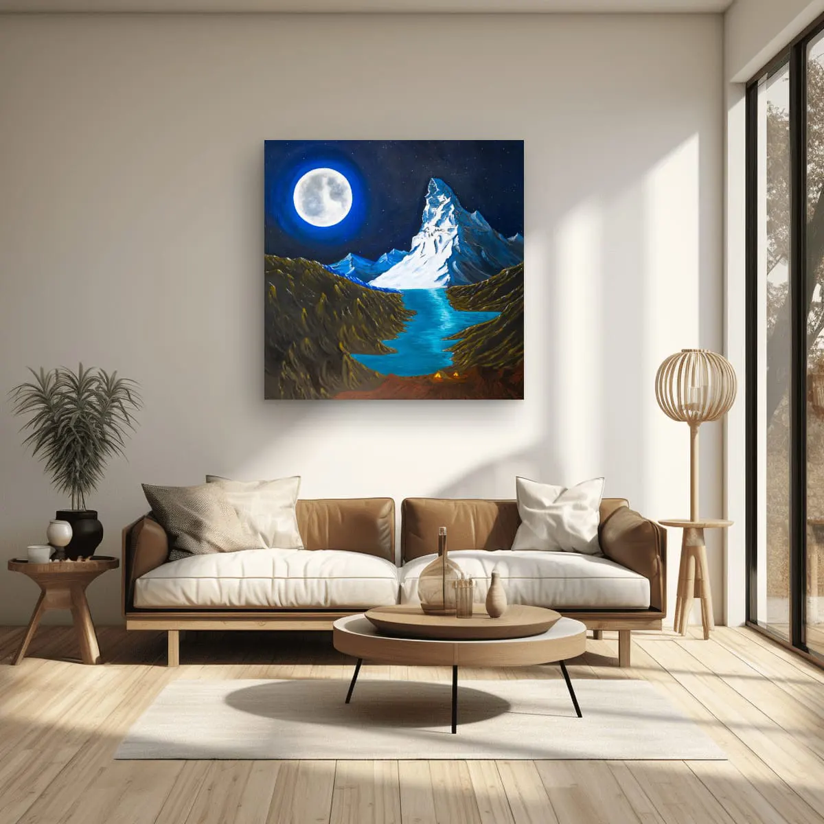 Between Earth and Sky in a Contemporary Earth Tone Living Room Between Earth and Sky Matterhorn painting displayed in a bright modern living room